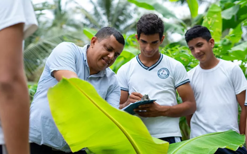 A teacher and two students examine large green leaves in a forest. The students, in white uniforms, take notes.