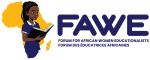 Logo of the Forum for African Women Educationalists (FAWE), featuring an illustration of a girl reading a book in front of a yellow map of Africa, next to the organisation’s name in English and French