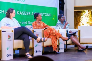 A panel discussion showing three panelists.